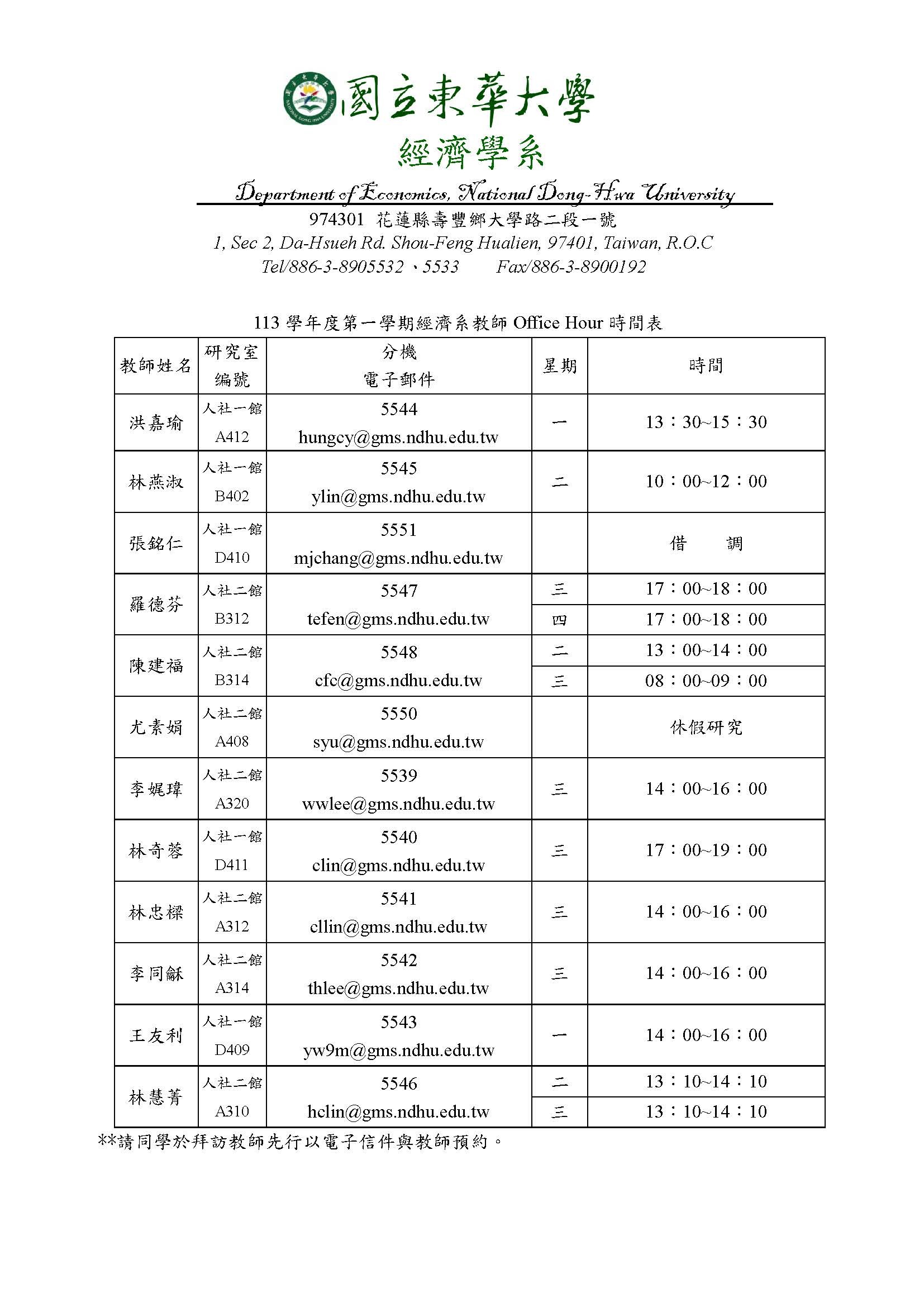 113-1經濟學系教師office hour