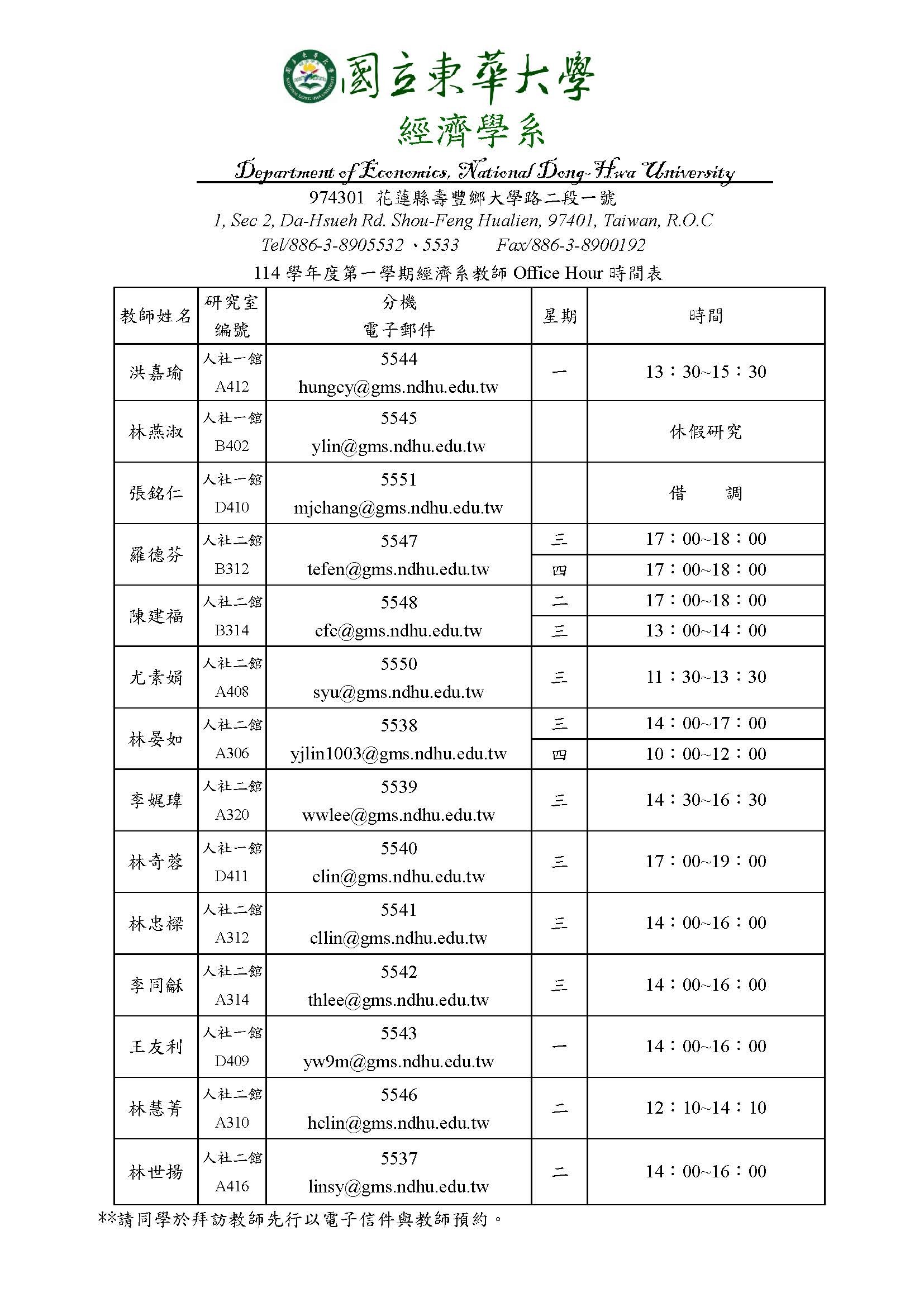114-1經濟學系教師office hour