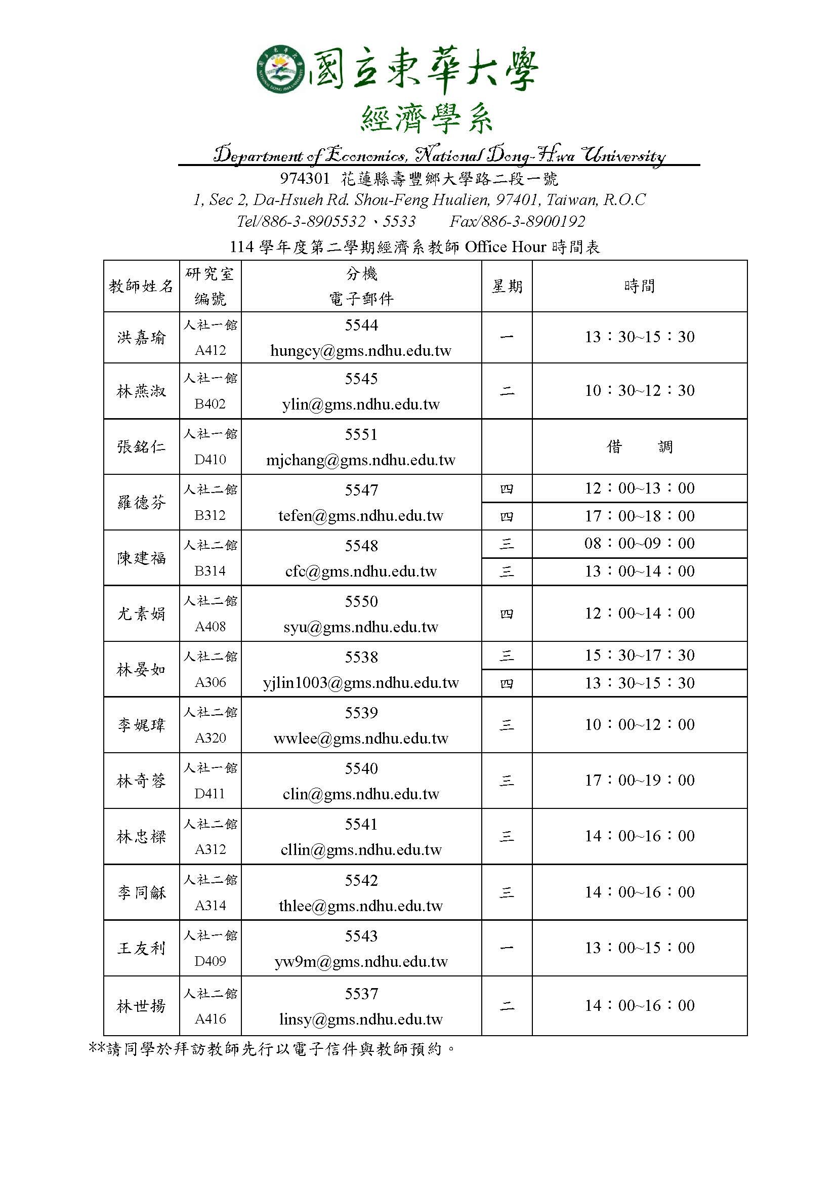 114-1經濟學系教師office hour